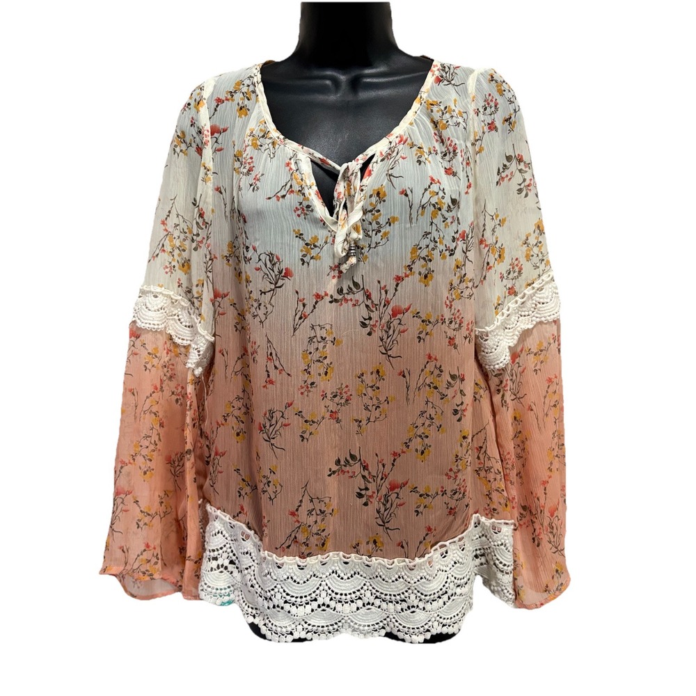 Taylor & Sage Floral Chiffon Peach/Ivory Long Sleeve Tie Neck Blouse Size M